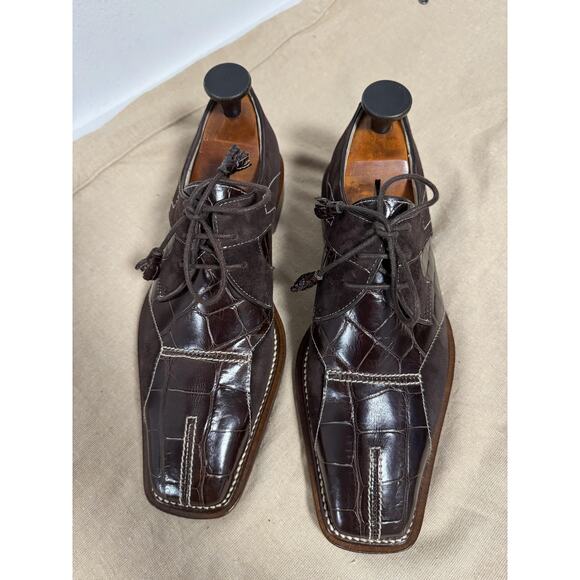 Fennix Shoes Mens Size 9 US 42 EU Brown Derby Croc-Embossed Suede Made in Italy - Picture 1 of 14